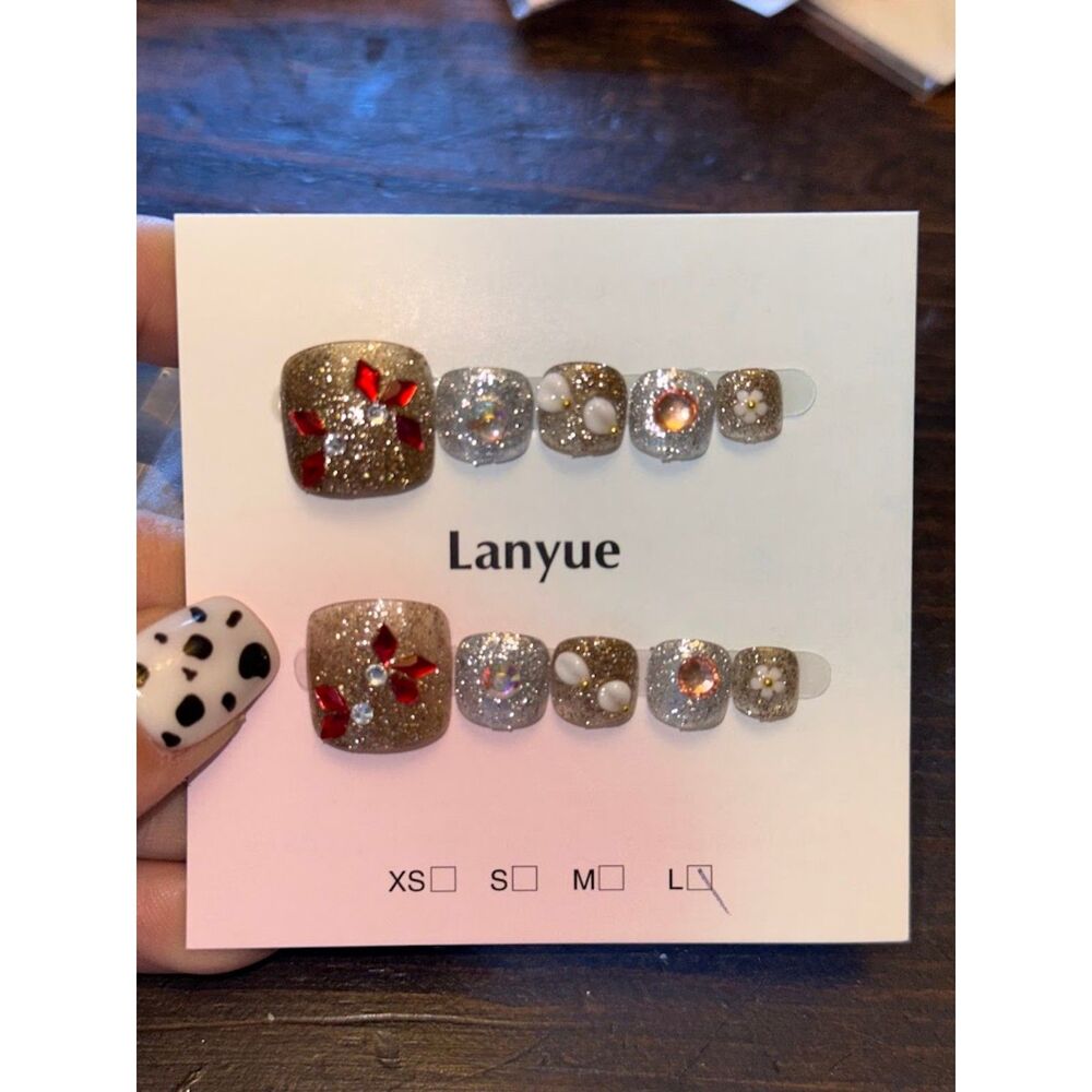 Brown & Silver Glitter 3D Flower Press On Toe Nails Size Large